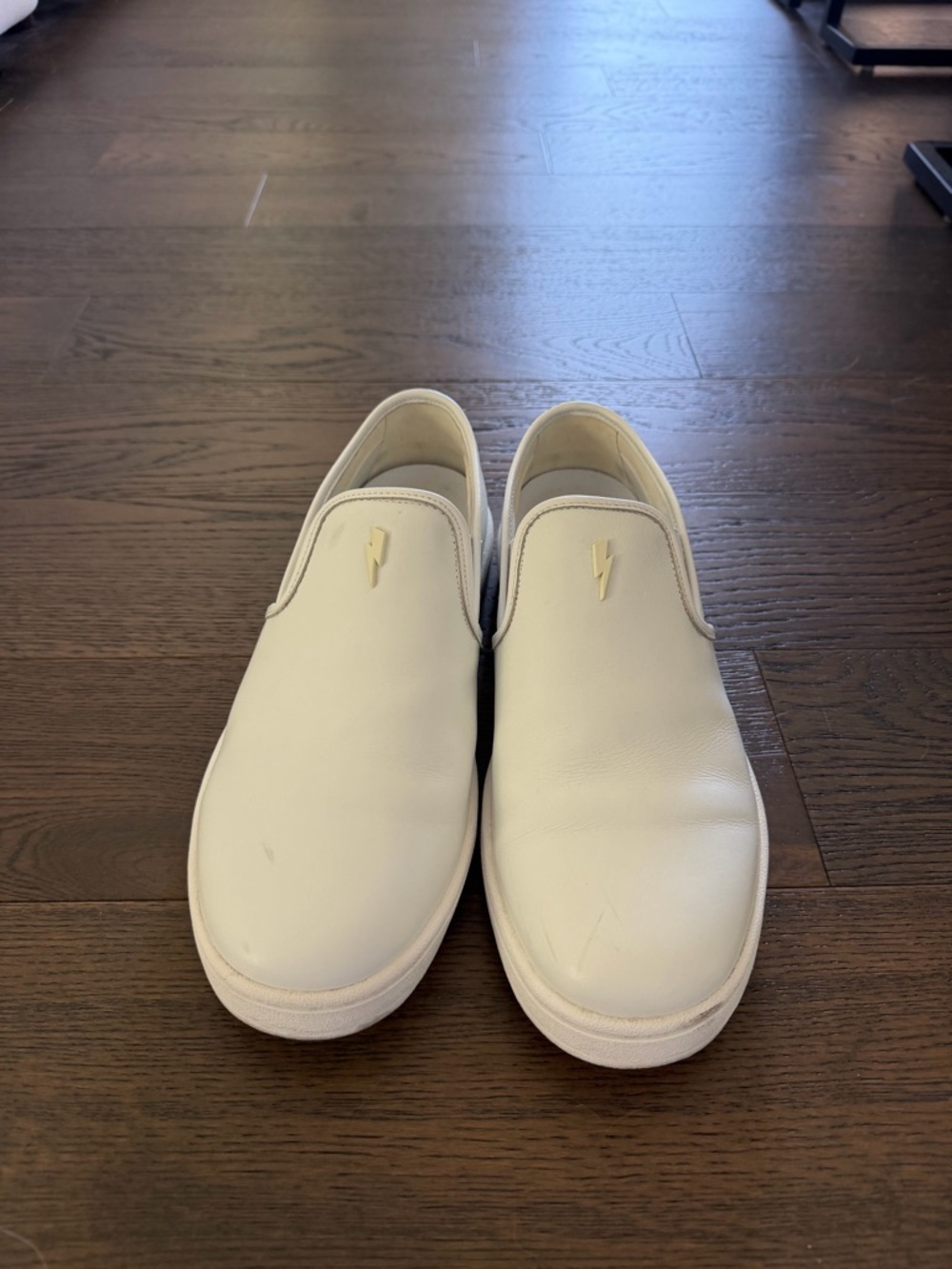 Neil Barrett White Leather Slip-On Loafers with Gold Lightning Emblem